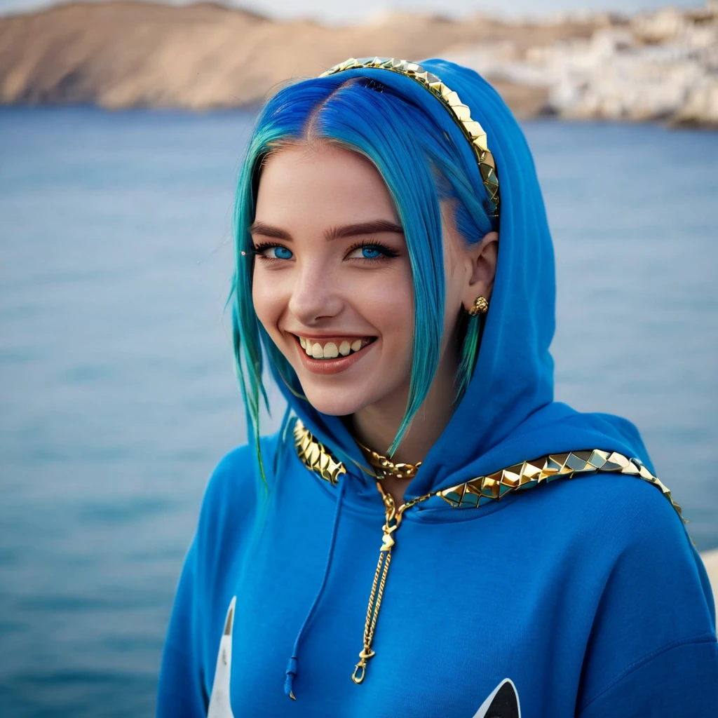 (masterpiece, best quality),  intricate details,, 1girl,     Gura, multicolored hair, blue eyes, shark hair ornament, gold hair ornament, gold choker, gold bracelet, sharp teeth, grin, blue hoodie,,  greek clothes, peplos,