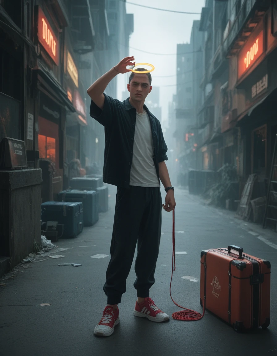 The image shows a person wearing a pair of black and red Jordan sneakers., with untied laces and a relaxed posture. beside, A vintage luggage with a bottle of rum sticking out, with a few clothes and accessories scattered around. In the background, a broken and rusty chain, with loose links and a feeling of freedom. The person has a confident and relaxed attitude, with a microphone in his right hand and a flow gesture on his face. around, There is a halo of dim light, with warm colors and an atmosphere of creativity and music. In the background, you can see a city or a distant landscape, symbolizing travel and adventure.