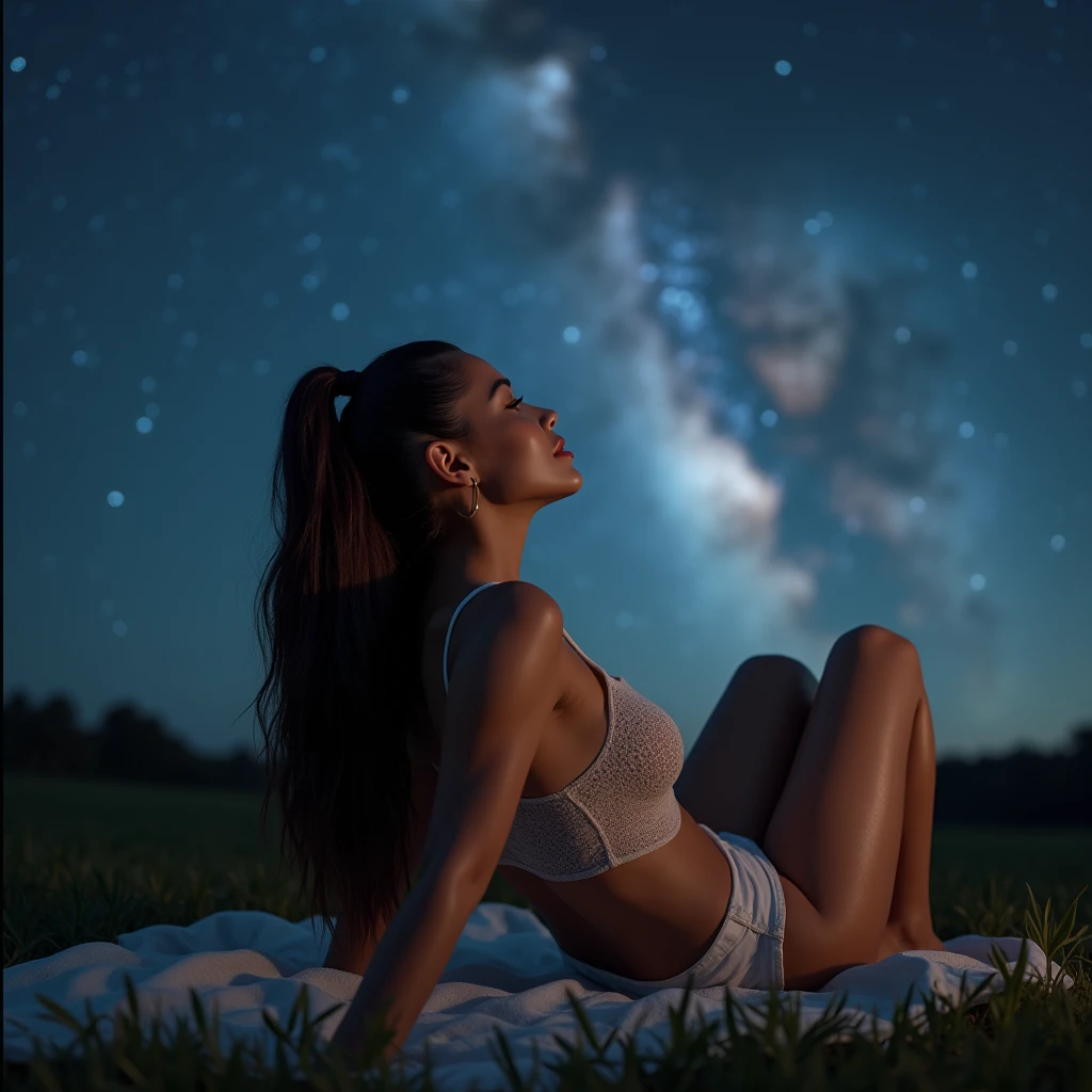 generate a master photograph describing a shapely Woman, a serene summer night sky filled with stars and a clear view of the Milky Way, with a tranquil atmosphere, (8K, best quality), she has a physique like Zendaya, long sleeves, smile, brown hair, black hair, (big chest, small tiny waist, big breasts), half body, lying on a blanket on the grass, gazing up at the stars with a look of wonder, smiling gently, wearing casual home attire, (She has sexy buttocks, Most sexy booty, Most sexy glutes), Womanly, Womancore, (She has fit hips, sexy hips, sexy fit hips, extremely sexy hips), (asian skin, glistening skin, beautiful complexion), shot on Fujifilm superia, (Studio soft light, high detail, cinematic lighting, rim lighting), Style: (hyperrealistic, by DynastySeries FashionNova, photo, {{{masterpiece photography}}}, analog photograph, professional fashion photoshoot, trending on artstation, synthwave, krrrsty), Quality: (photographed, masterpiece, highest resolution), Definition: (highres, sharp focus, 8k uhd, ultra photo-realistic resolution), Film: (80 mm, shot on portra 120, shot on Fujifilm), Resolution: (extremely detailed, (sharp focus:1.5), cinematic lighting, dramatic lighting, ultra photo-realistic), luxury: mohawk hairstyle