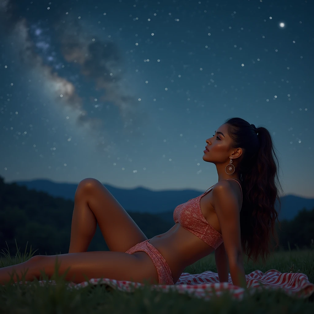 generate a master photograph describing a shapely Woman, a serene summer night sky filled with stars and a clear view of the Milky Way, with a tranquil atmosphere, (8K, best quality), she has a physique like Zendaya, long sleeves,  smile, brown hair, black hair, (big chest, small tiny waist, big breasts), half body, lying on a blanket on the grass, gazing up at the stars with a look of wonder, smiling gently, wearing casual home attire, (She has sexy buttocks, Most sexy booty, Most sexy glutes), Womanly, Womancore, (She has fit hips, sexy hips, sexy fit hips, extremely sexy hips), (asian skin, glistening skin, beautiful complexion), shot on Fujifilm superia, (Studio soft light, high detail, cinematic lighting, rim lighting), Style: (hyperrealistic, by DynastySeries FashionNova, photo, {{{masterpiece photography}}}, analog photograph, professional fashion photoshoot, trending on artstation, synthwave, krrrsty), Quality: (photographed, masterpiece, highest resolution), Definition: (highres, sharp focus, 8k uhd, ultra photo-realistic resolution), Film: (80 mm, shot on portra 120, shot on Fujifilm), Resolution: (extremely detailed, (sharp focus:1.5), cinematic lighting, dramatic lighting, ultra photo-realistic), luxury: mohawk hairstyle    