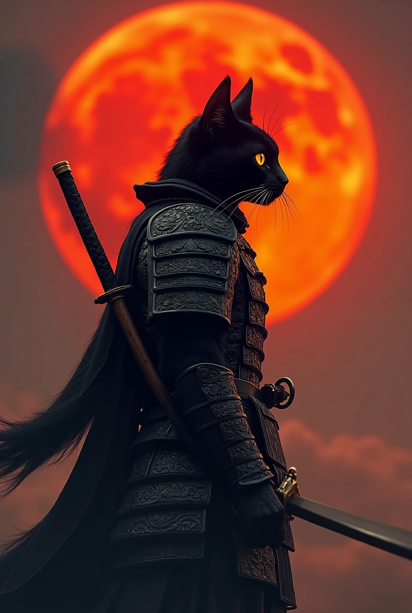 The image features a humanoid black cat with orange cat eyes in a black and red samurai warrior's attire, standing against a backdrop of a large red moon the sky is glowing red from the reflection of the moon light. The cat is positioned to the left side of the frame, facing right with its head slightly tilted upwards. It is wearing a detailed armor that resembles traditional samurai armor, complete with intricate designs and patterns. The armor is primarily black with silver accents, adding to the visual depth. The cat's ears are perked up, and its eyes are focused on something in the distance. A sword is sheathed on the cat's back, suggesting readiness for battle or a ceremonial stance. The red moon in the background casts an orange hue over the scene, creating a dramatic and intense atmosphere, retina, accurate, masterpiece, super detail, high details, best quality, award winning, highres, HD, 4K, 8k, 16k, retina, accurate, masterpiece, anatomically correct, textured skin, super detail, high quality, award winning, highres, 8k, 16k