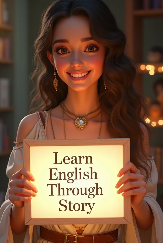 Beautiful girl with heart-warming smile and wavy long hair, bohemian dress, holding a white board with text "learn English Through Story" and showing it to the viewer, the board is glowing with a the text.