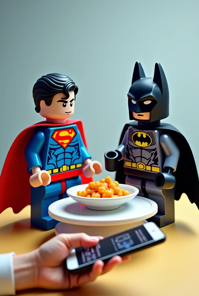 Superman and Batman in lego art,A person is weighing food with a scale and the nutritional information is sent to their cell phone, but only his hand can be seen, the cell phone and the night scale