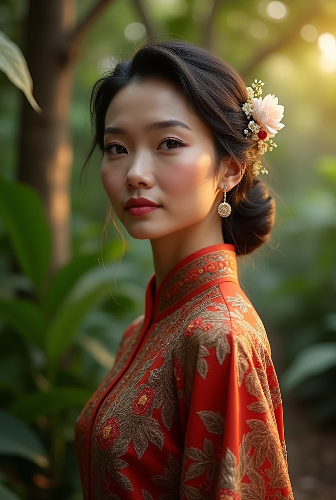 make me a beautiful 58 year old woman wearing a kebaya