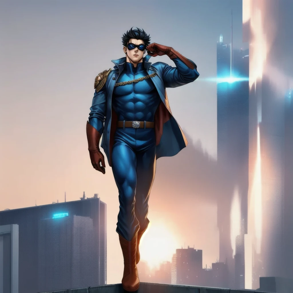 HomelanderComicACC, male superhero, male, 1 male, anime male, a man with black hair, stands tall and imposing, superhero outfit, a futuristic sci-fi style blue winter jacket on top of his bodysuit, a dark blue bodysuit, his face concealed by a falcon concept mask, full_mask, matching trousers, a belt cinched at the waist, colorful grey gloves, blue winter jacket on top of his bodysuit, jacket, he stands atop a futuristic high-rise, he surveys the city night view, this character embodies a finely crafted futuristic sci-fi, exquisite and mature manga art style, high definition, best quality, highres, ultra-detailed, ultra-fine painting, extremely delicate, professional, perfect body proportions, golden ratio, anatomically correct, symmetrical face, extremely detailed eyes and face, high quality eyes, creativity, RAW photo, UHD, 32k, Natural light, cinematic lighting, masterpiece-anatomy-perfect, masterpiece:1.5