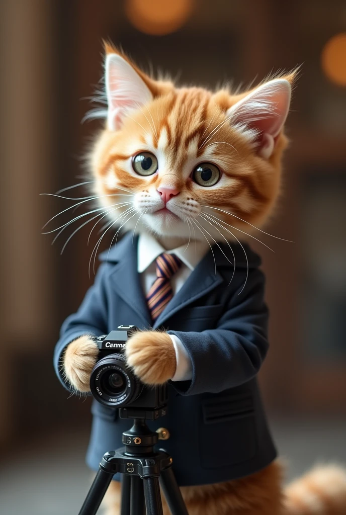 Cute cat cat,Personification,Standing,Hold the camera,tripod,Photographer,Photo gesture,,Suit,tie, (Delicate face), (Fine fluffy fur),(35mm Cinema Lens),(Multi-angle shooting),(many viewing angles)