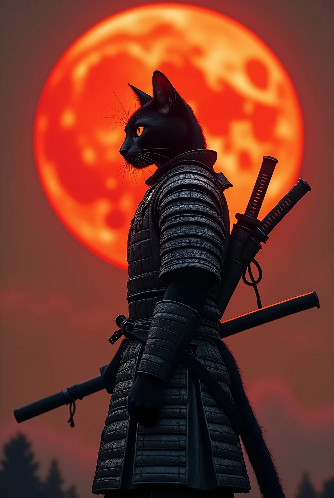 The image features a humanoid black cat with orange cat eyes in a black and red samurai warrior's attire, standing against a backdrop of a large red moon the sky is glowing red from the reflection of the moon light. The cat is positioned to the left side of the frame, facing right with its head slightly tilted upwards. It is wearing a detailed armor that resembles traditional samurai armor, complete with intricate designs and patterns. The armor is primarily black with silver accents, adding to the visual depth. The cat's ears are perked up, and its eyes are focused on something in the distance. A sword is sheathed on the cat's back, suggesting readiness for battle or a ceremonial stance. The red moon in the background casts an orange hue over the scene, creating a dramatic and intense atmosphere, retina, accurate, masterpiece, super detail, high details, best quality, award winning, highres, HD, 4K, 8k, 16k, retina, accurate, masterpiece, anatomically correct, textured skin, super detail, high quality, award winning, highres, 8k, 16k