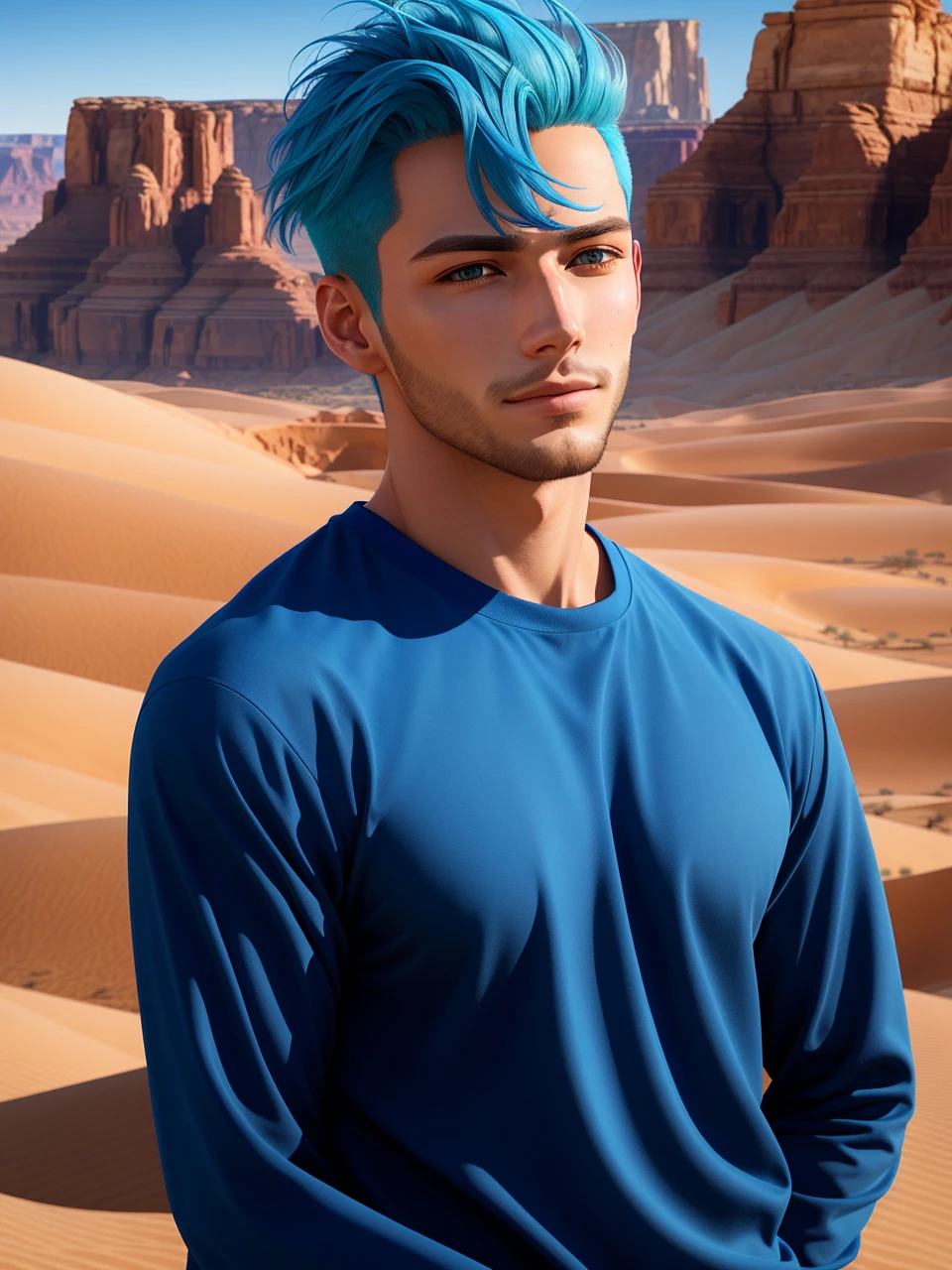 Beautifully drawn, high quality, ultra-detailed CG illustration of a young man with a serene expression, gazing into the distance with his striking light blue hair gently waving in the desert breeze. The scenery behind him is vast and breathtaking, drawing the viewers into a world of wonder and exploration.