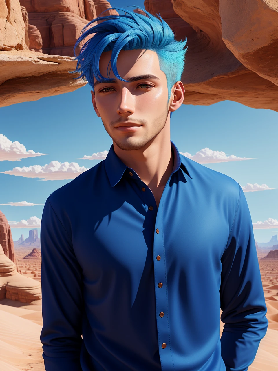 Beautifully drawn, high quality, ultra-detailed CG illustration of a young man with a serene expression, gazing into the distance with his striking light blue hair gently waving in the desert breeze. The scenery behind him is vast and breathtaking, drawing the viewers into a world of wonder and exploration.