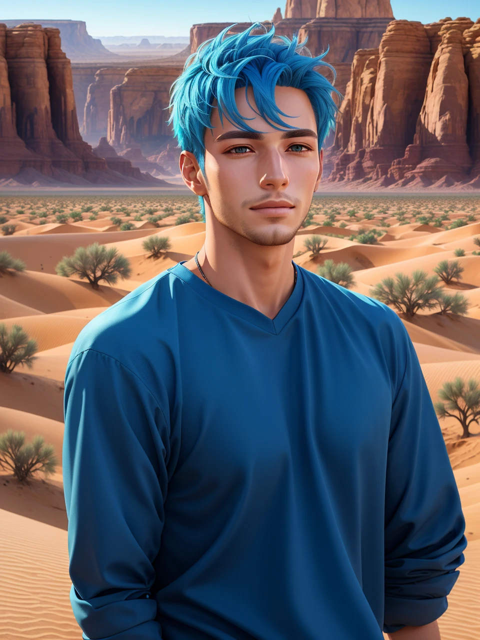 Beautifully drawn, high quality, ultra-detailed CG illustration of a young man with a serene expression, gazing into the distance with his striking light blue hair gently waving in the desert breeze. The scenery behind him is vast and breathtaking, drawing the viewers into a world of wonder and exploration.