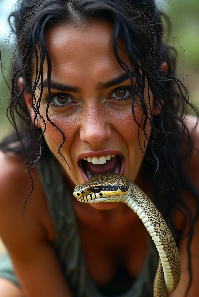 A woman is eating a snake