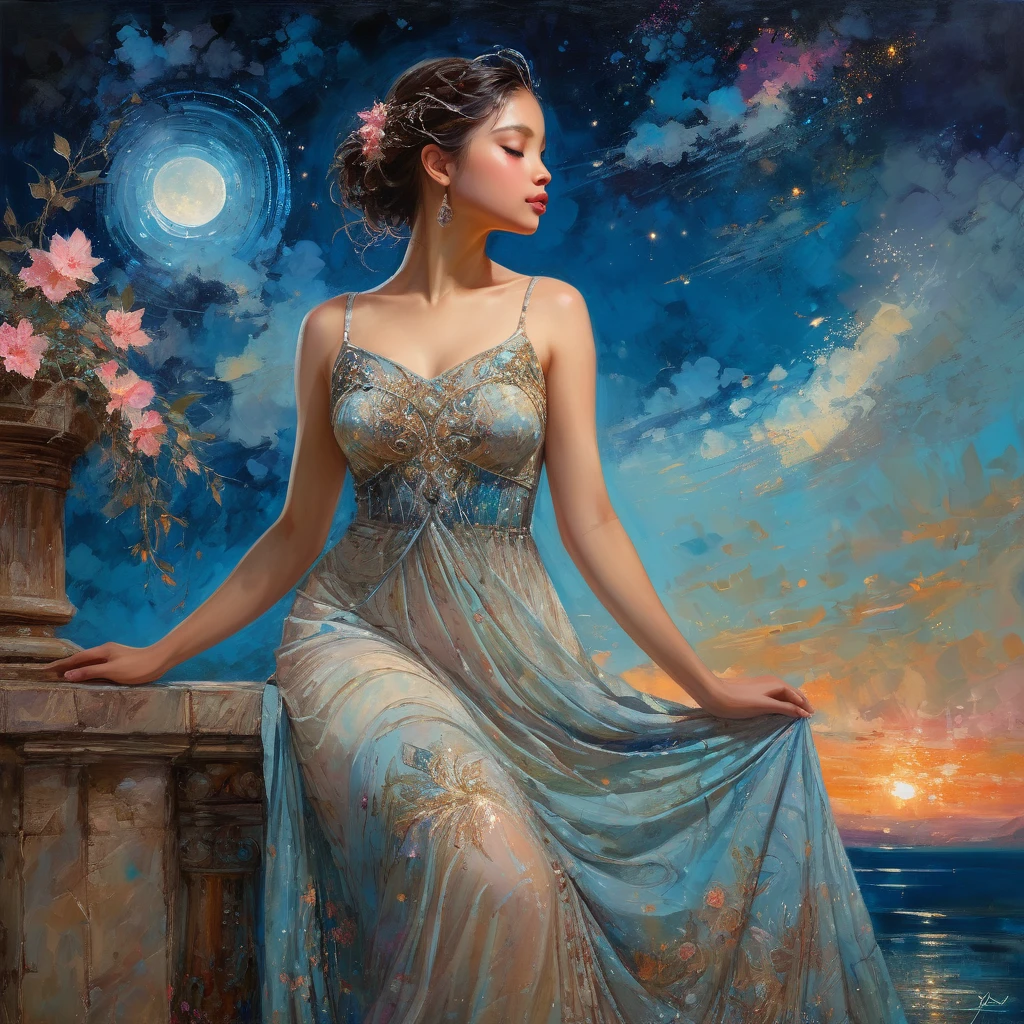 a solo beautiful princess, elegant, detailed, pretty, (rubenesque), (romanesque background), (night sky), elegant detailed sundress, (art by dgtlv2 and henry asencio and zeen chin and josephine wall and edwin deakin), (masterpiece), (good anatomy),
