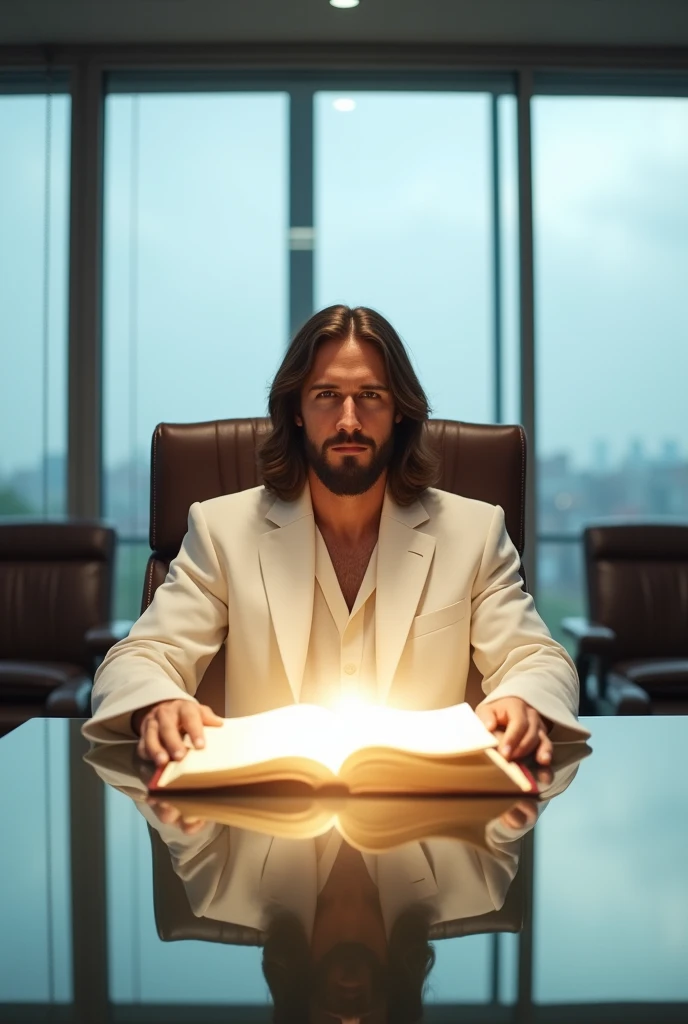 The image captures a unique scene where Jesus Christ, wearing an impeccable white suit, is sitting at the head of a conference table in a modern corporate environment. His suit contrasts with his sacred aura, uniting the divine with the mundane in a harmonious way. On the glass table, In front of him, an open Bible rests, radiating a subtle glow that symbolizes the light of wisdom and truth. The room is spacious and elegantly decorated, with leather chairs around the table and minimalist design touches, conveying a sense of order and professionalism.
Large windows allow natural light to flood the space, enveloping the figure of Jesus in a soft luminosity, almost heavenly. The background suggests a distant urban view, reinforcing the fusion of the spiritual with the everyday. Jesus' expression is serene and deeply reflective., as if about to share words of guidance and peace, addressing a council of attentive leaders or followers. The scene as a whole exudes an atmosphere of calm, moral authority and spiritual contemplation, highlighting Jesus as a guide in all spheres of life, including in the modern business world He is staring straight at the viewer of the image.