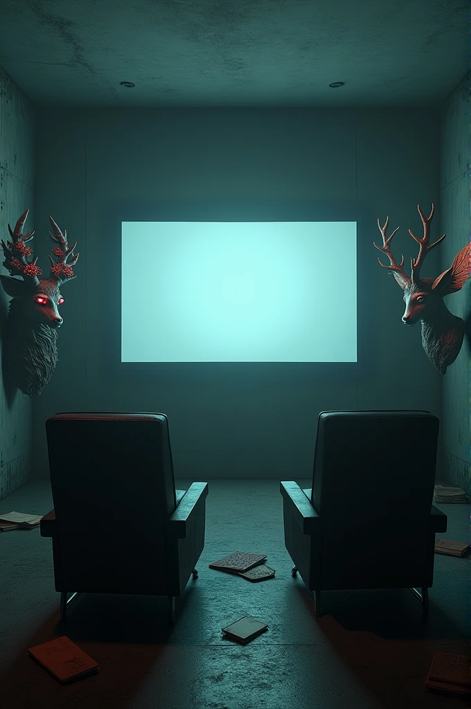 Dark room with a floating movie screen, old notebooks lying in a corner, Two seats in the middle facing three sculptures on a wall. One sculpture is of a mermaid with axolotl gills and glowing eyes.. Another sculpture is of a deer with flowers on its antlers and the other sculpture is of a mythological creature wrapped in wings..