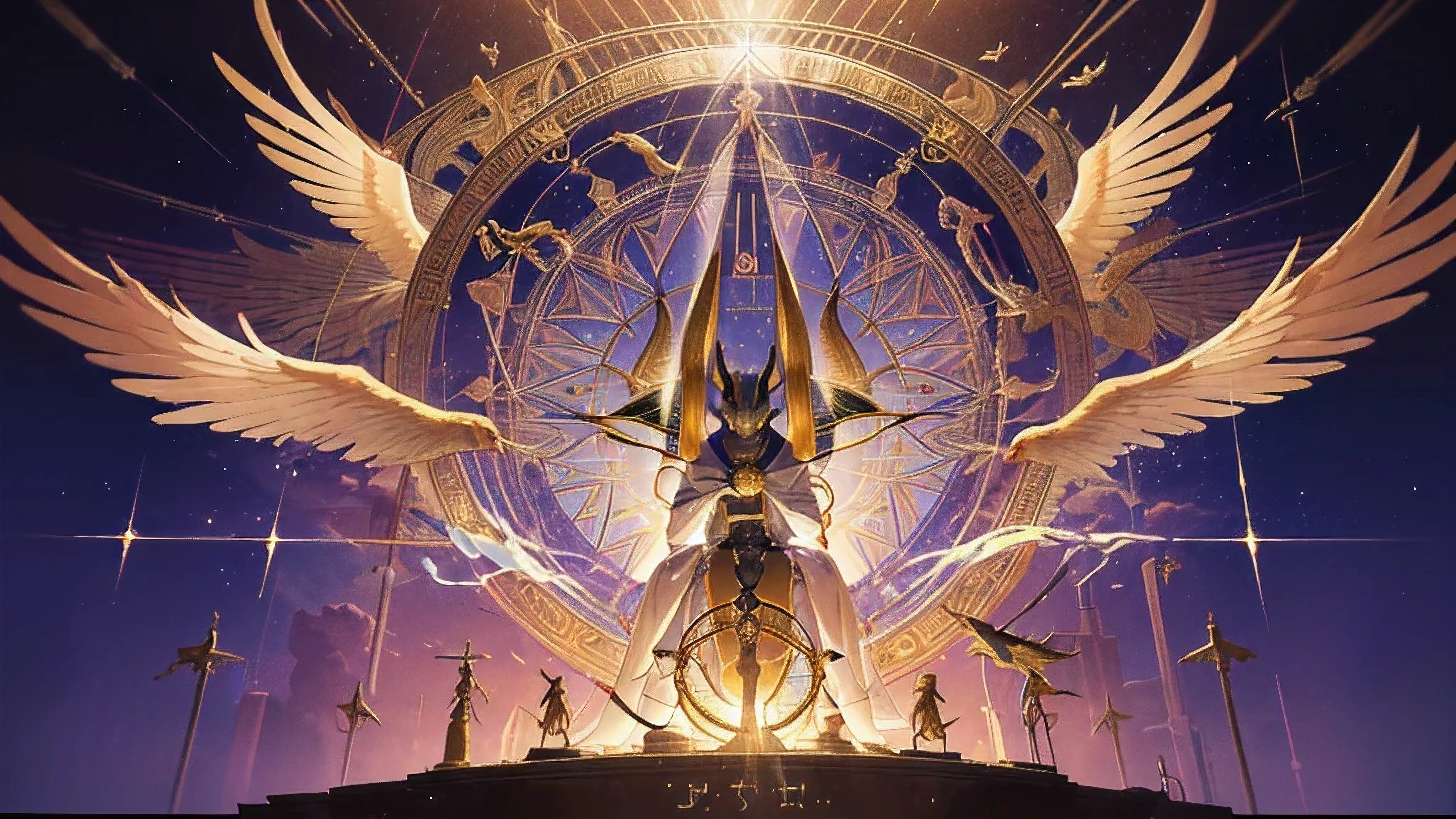 (masterpiece:1.2) Superb quality from the god of art, Very detailed, High resolution, Anime art style, Best Anime 8K , pixiv Contest Winner, Perfect Anatomy ((((Major Arcana Destiny)))) (((bless magic circle background))) ((center center close-up)) ((turning point , change)) (((Like a big wheel in the air、Something like a magic circle with letters engraved on it is floating.))) (((Sphinxes and snakes around、There are some that remind me of the god Anubis.、Further out, winged sacred beasts sit.))) (Wheel of Fortune) incantation Runes Shining Background Shining Edges 16:9 Image Sizes