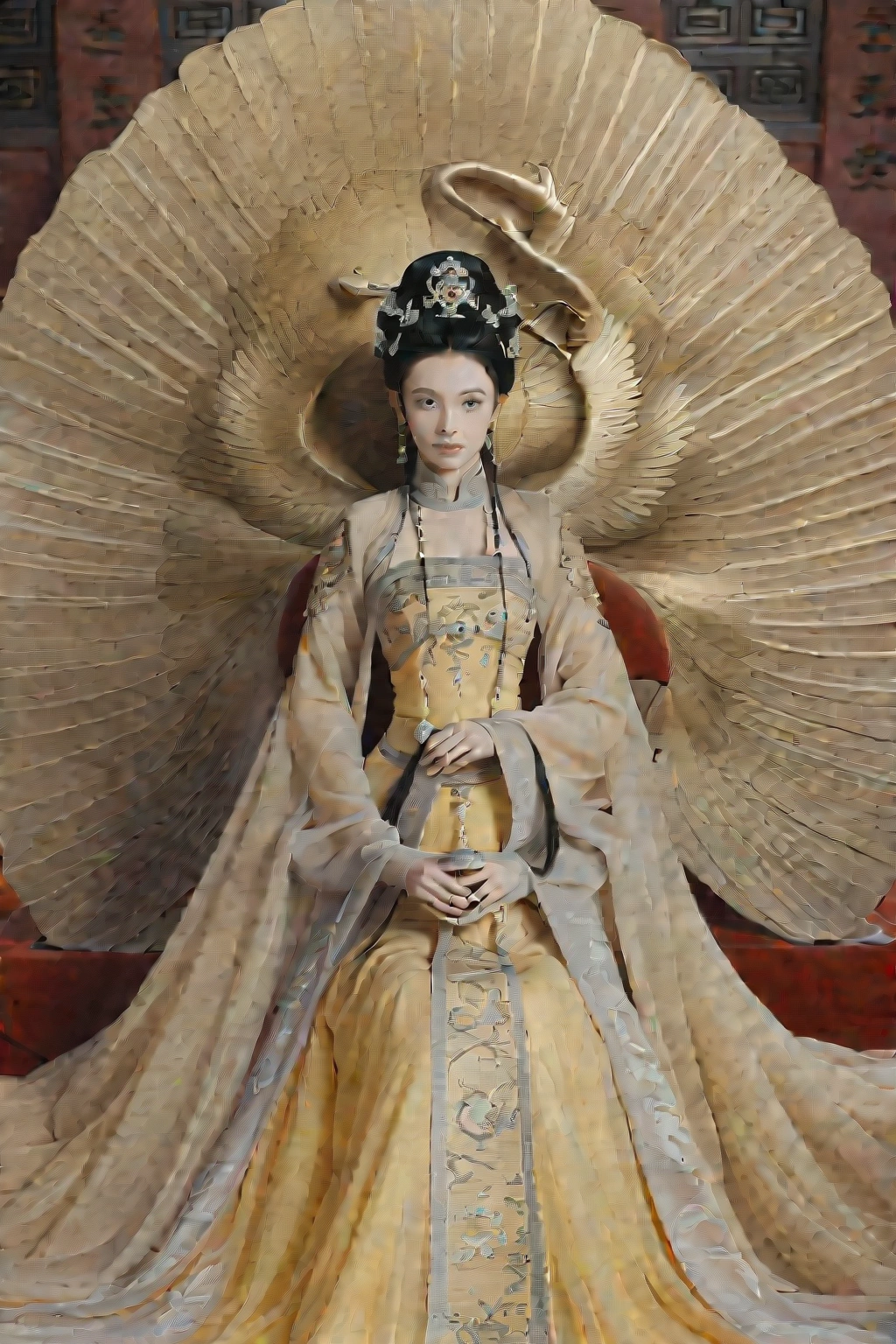 A gorgeous empress from the Chinese imperial court during the Qing Dynasty. She sits naked on a large yellow dragon embroidered sofa with her legs spread apart, her hair in double ponytails, wearing a gorgeous Chinese empress crown and a flower hairpin, and her hair is tied up and pulled up.