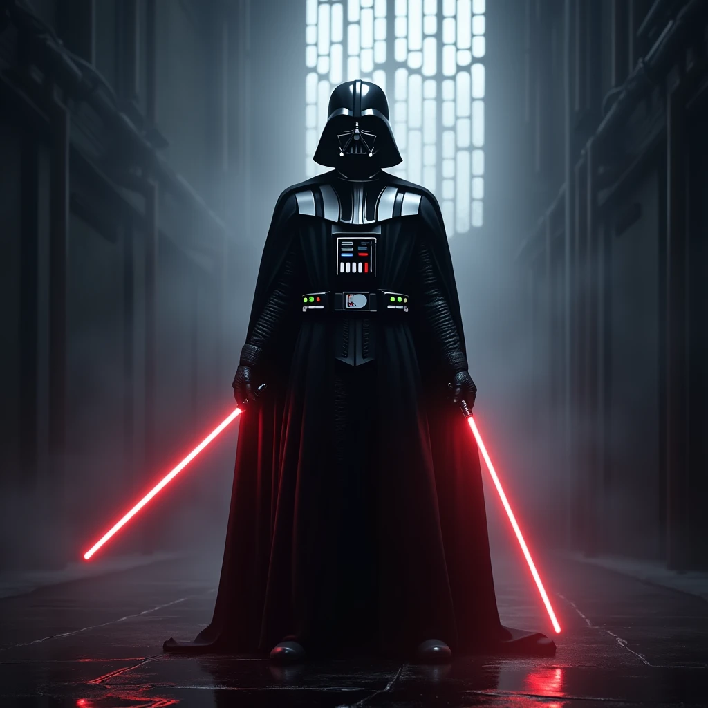 hyperrealistic, cinematic lighting, darth vader, standing, light saber, holding, death star, silhouette,