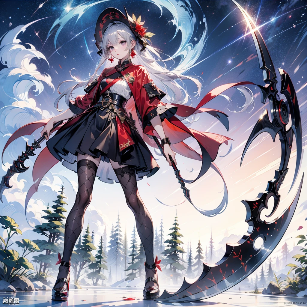 Highest quality、Masterpiece、Official Art、Fishnet tights, Fairy, One girl, dark, military scythe,Many red spider lilies、