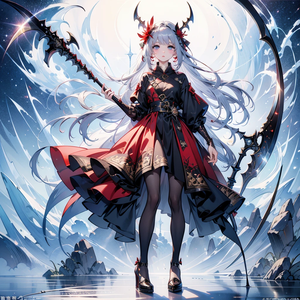 Highest quality、Masterpiece、Official Art、Fishnet tights, Fairy, One girl, dark, military scythe,Many red spider lilies、