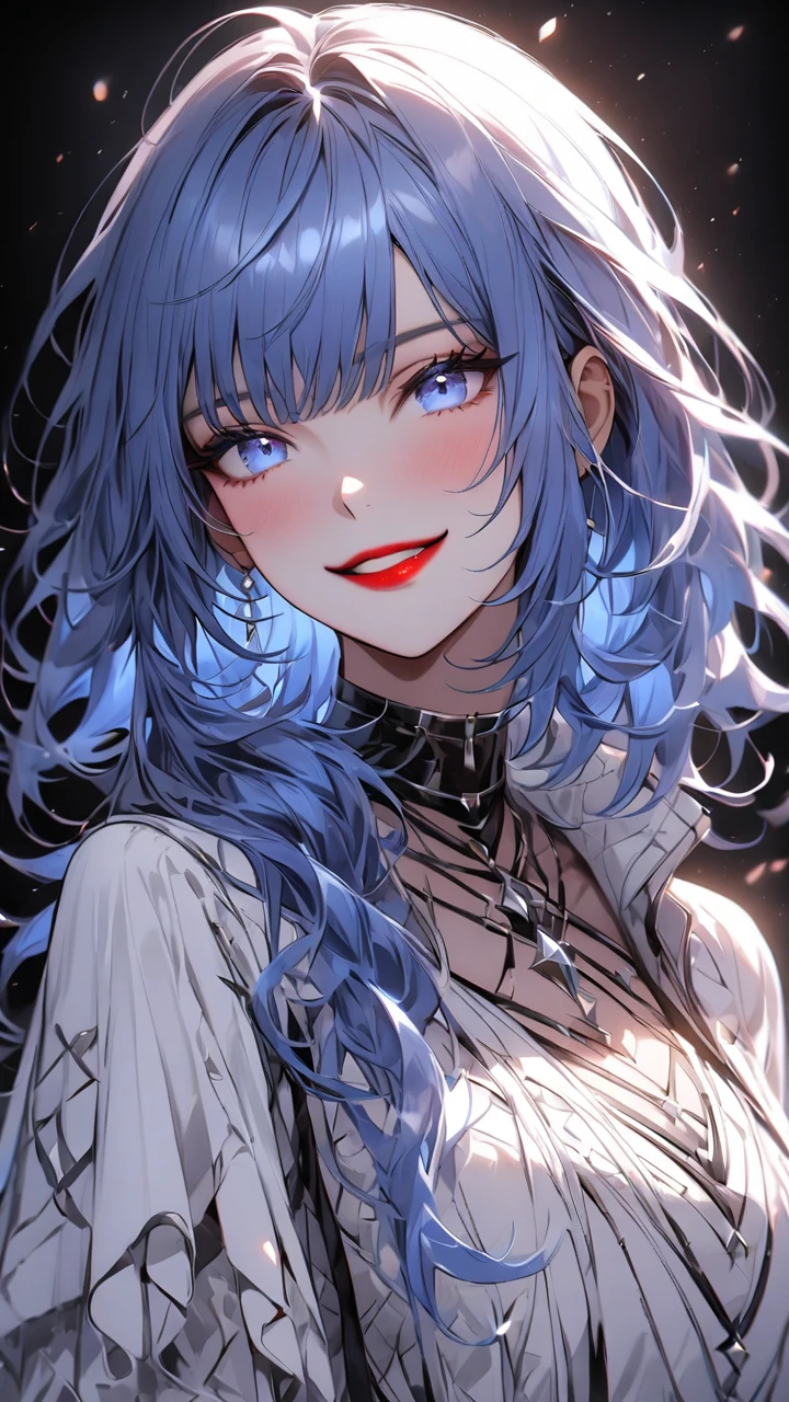 highest quality、masterpiece、1 girl、black background、blue hair:1.5、blue eyes、red lips, white clothes、Black and white world、smile,