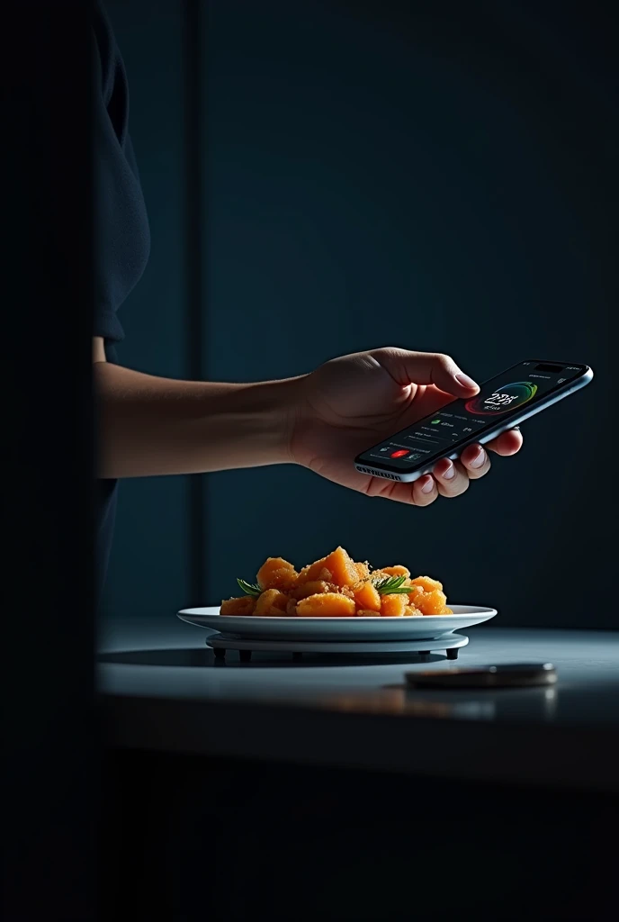 ,A person is weighing food with a scale and the nutritional information is sent to their cell phone, but only his hand can be seen, the cell phone and the night scale