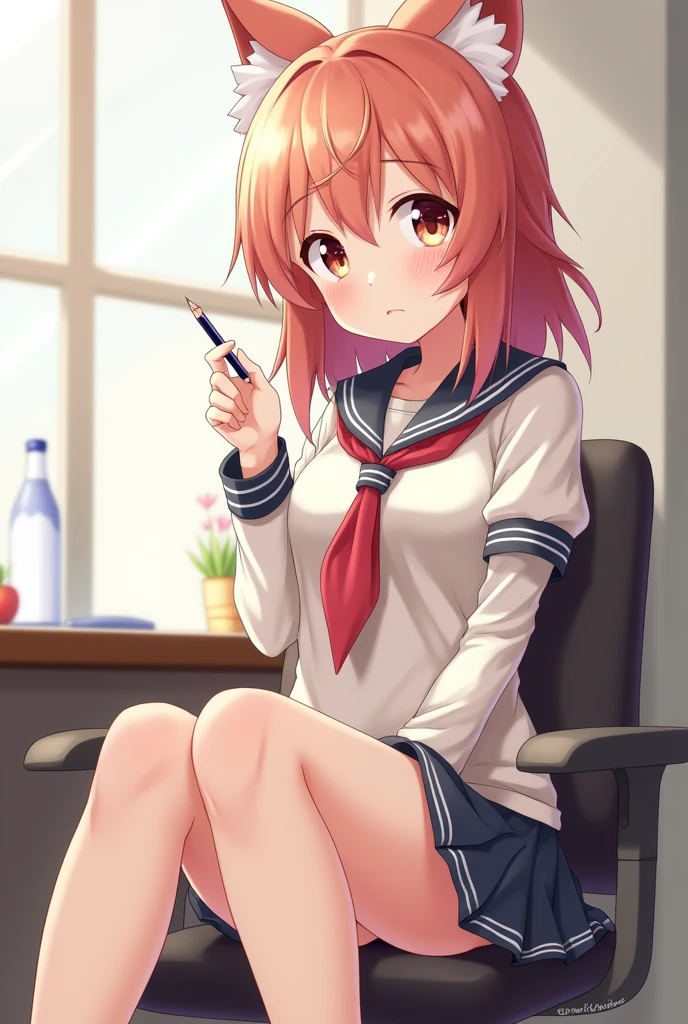 cute anime girl sitting on chair with legs crossed holding a pencil in hand