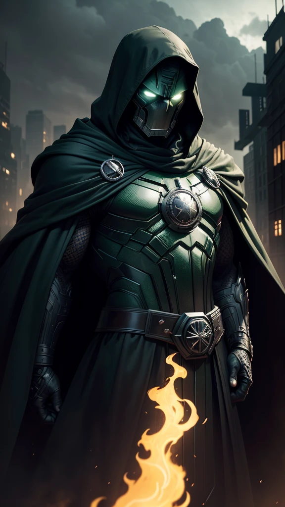 Doctor Doom Marvel, 35mm lens, photography, ultra-detailed, HDR, UHD, 8K, portraits, dark atmosphere, menacing expression, black cloak, iconic metal mask, glowing green eyes, intricate armor, smoke effects, dynamic pose, ruined cityscape, dramatic lighting, intense shadows, vibrant colors