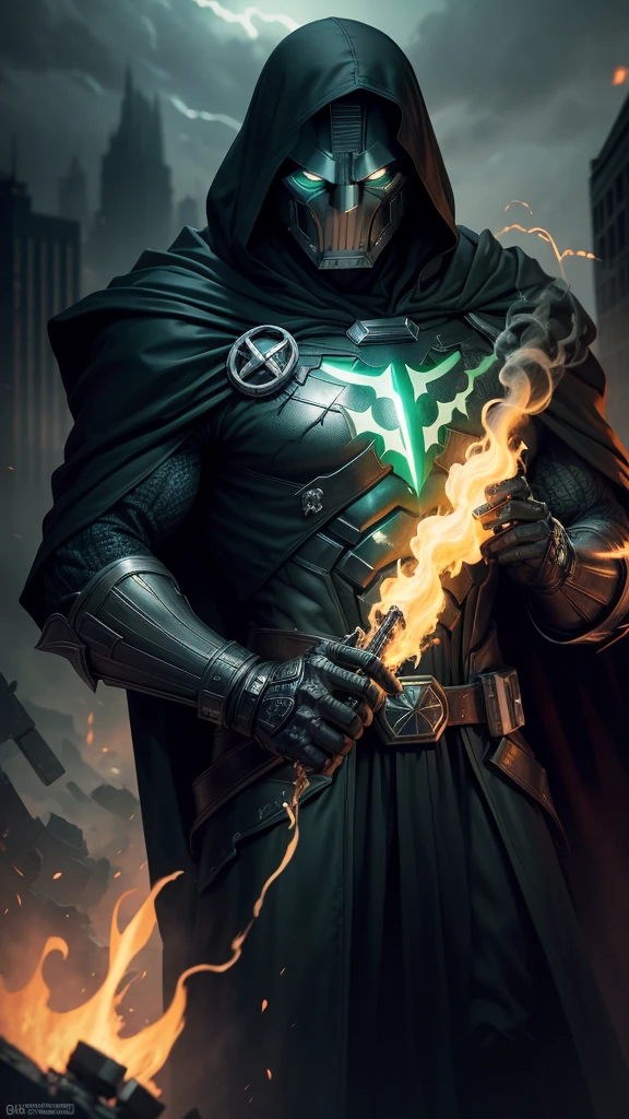 Doctor Doom Marvel, 35mm lens, photography, ultra-detailed, HDR, UHD, 8K, portraits, dark atmosphere, menacing expression, black cloak, iconic metal mask, glowing green eyes, intricate armor, smoke effects, dynamic pose, ruined cityscape, dramatic lighting, intense shadows, vibrant colors