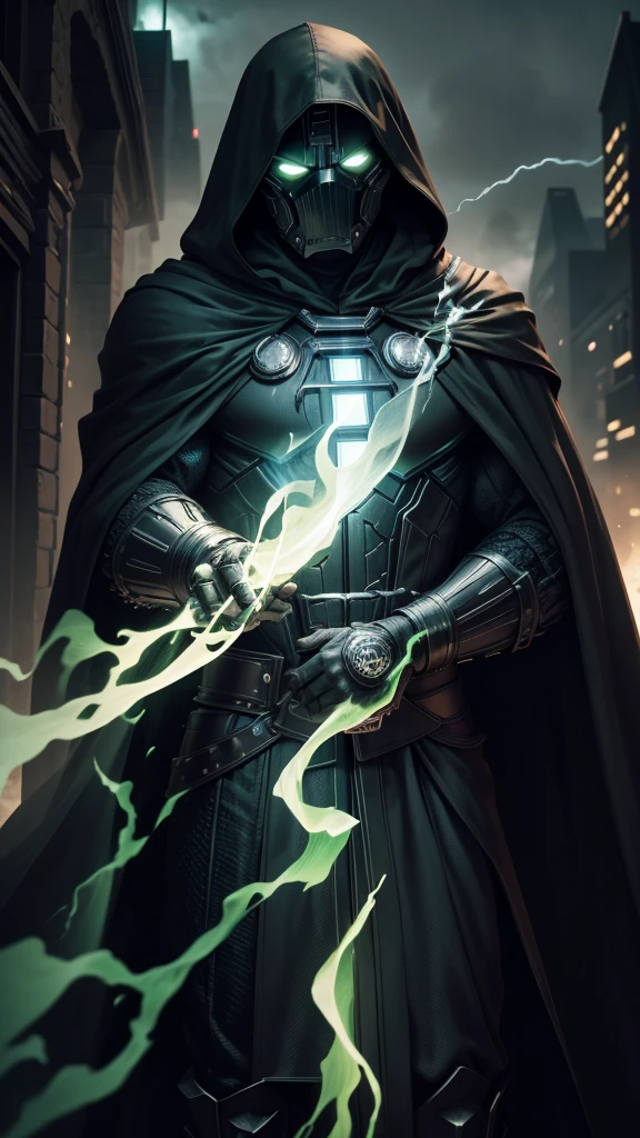 Doctor Doom Marvel, 35mm lens, photography, ultra-detailed, HDR, UHD, 8K, portraits, dark atmosphere, menacing expression, black cloak, iconic metal mask, glowing green eyes, intricate armor, smoke effects, dynamic pose, ruined cityscape, dramatic lighting, intense shadows, vibrant colors