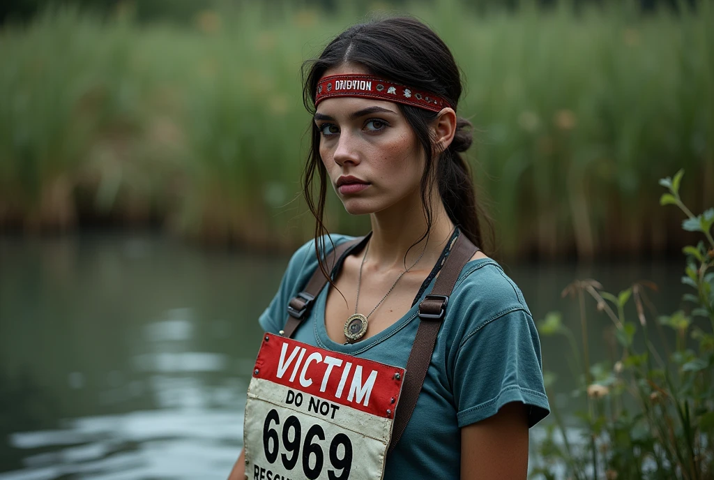 extremely detailed woman in jeans and t-shirt, sport small race bib "VICTIM 6969 DO NOT RESCUE",  is victim of ritual, drowning in bog, in the middle of a bog, sexy photoshoot posing, headband with label "swamp drown", traditional indigenous makeup. red, green, blue
