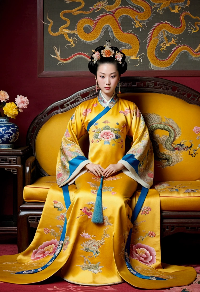 A gorgeous empress from the Chinese imperial court during the Qing Dynasty. She sits naked on a large yellow dragon embroidered sofa with her legs spread apart, her hair in double ponytails, wearing a gorgeous Chinese empress crown and a flower hairpin, and her hair is tied up and pulled up.
