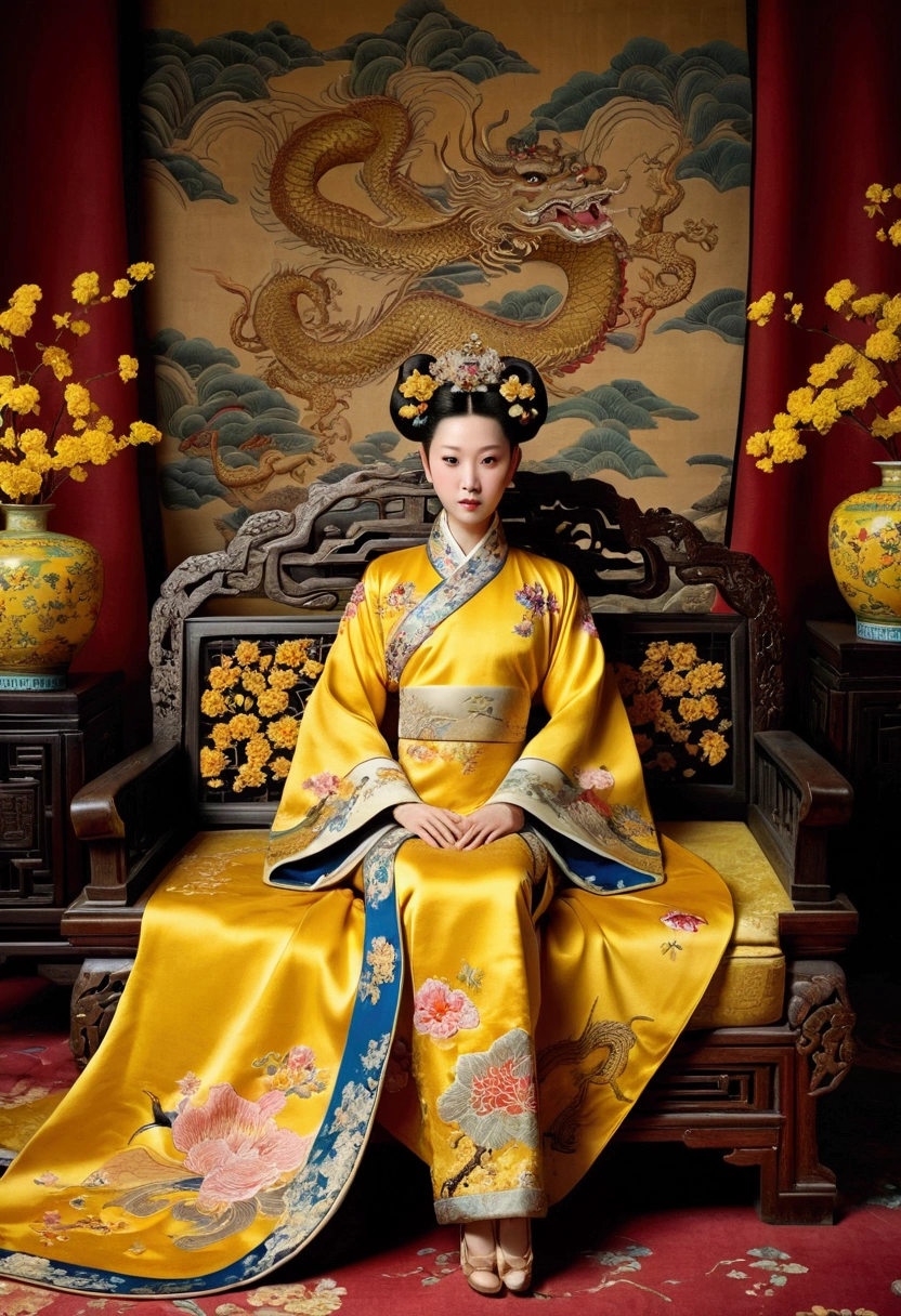 A gorgeous empress from the Chinese imperial court during the Qing Dynasty. She sits naked on a large yellow dragon embroidered sofa with her legs spread apart, her hair in double ponytails, wearing a gorgeous Chinese empress crown and a flower hairpin, and her hair is tied up and pulled up.