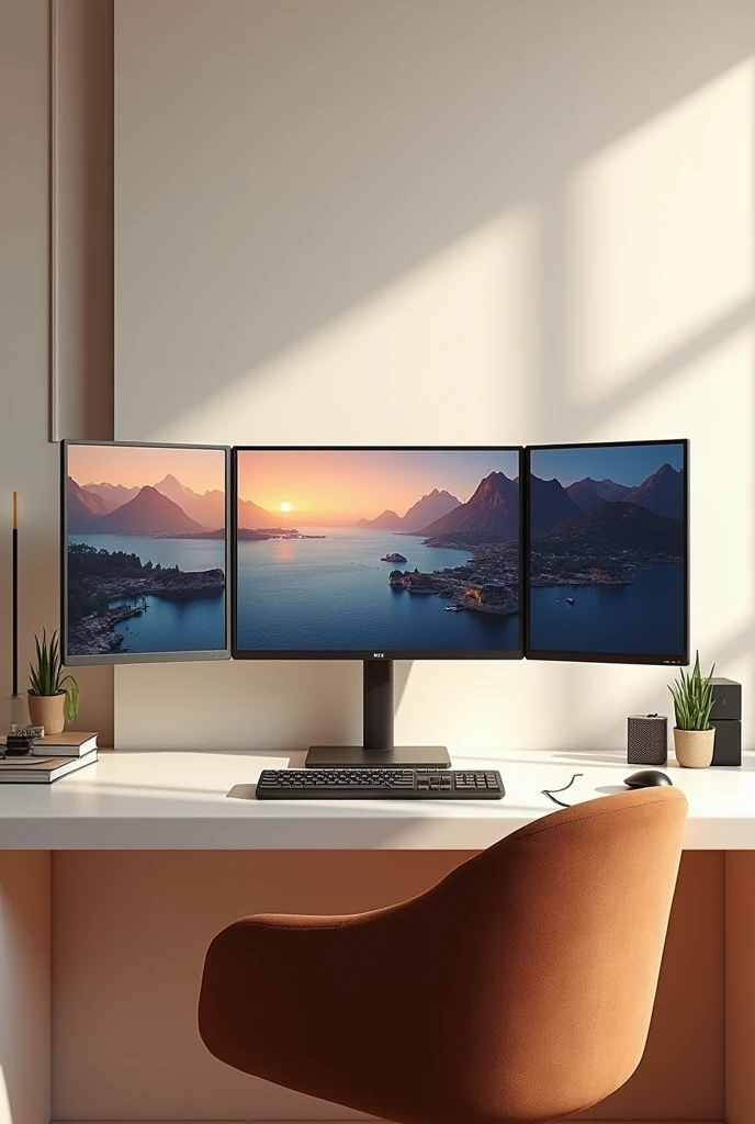 Gamer setup with three screens in light colors like white, coffee heat and cream color