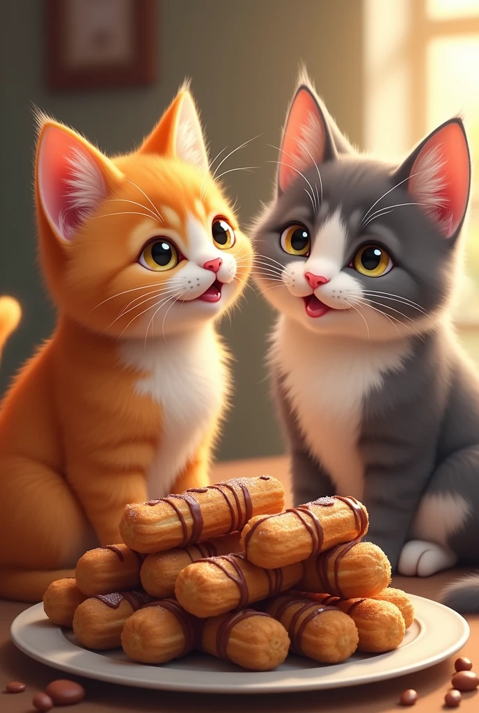 An orange cat and a gray and white cat with chocolate churros
