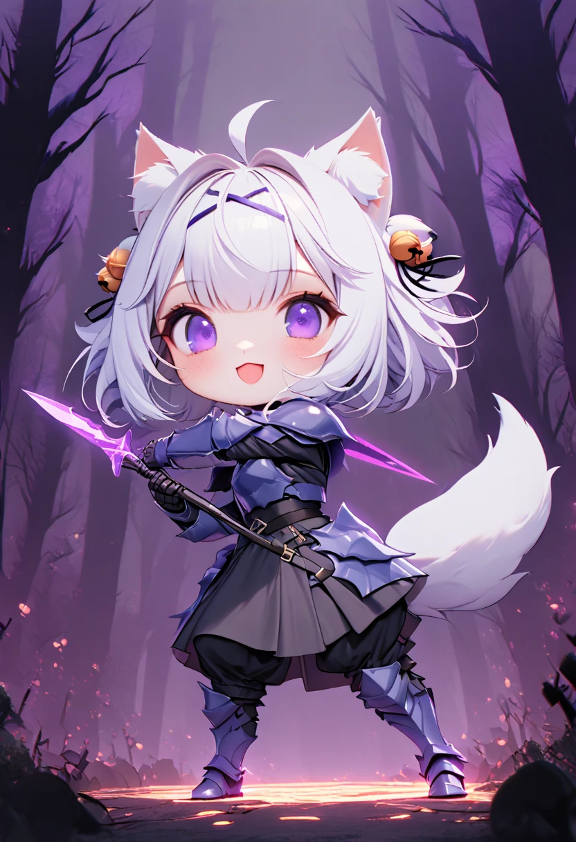 master piece, best quality, ultra-detailed, illustration, 1girl, solo, chibi, (big head), cute pose, front view, looking at viewer, ((full body Close up)), filian, filianoverall, Filiansailor, ((white hair)) , short hair, shoulder length hair, fly-away hair, bangs, purple hair ornament, purple hairclip, cat ears, (hair bell:1.3) ahoge, purple eyes, open mouth, smiling, (white fox tail), ((spear knight outfit)), knight's armor, metal breastplate, armored gloves, holding a long sword , glowing sword , metal greaves, armored boots, spooky forest background, gloomy atmosphere, broken trees