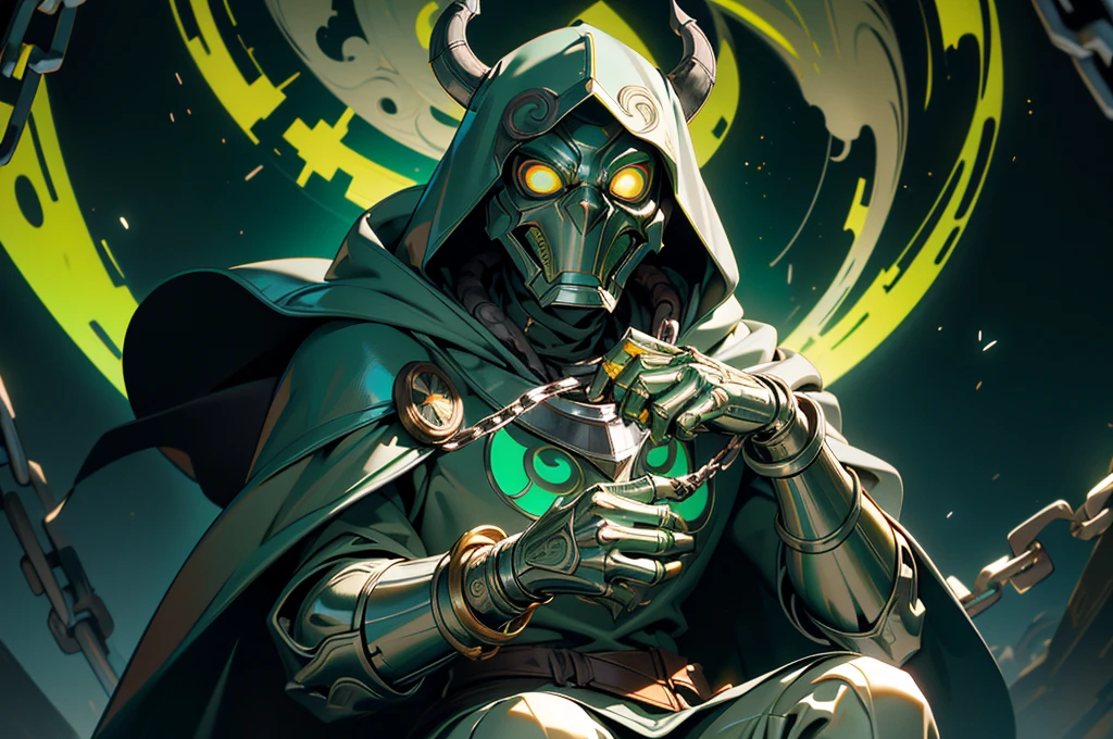 (masterpiece:1.2, best quality:1.2), ((masterpiece)), (((best quality))), ((ultra-detailed)), ((illustration)), (1man, male, solo), ((doctor doom, silver metal mask, green hood, cloak, chains, yellow glowing eyes)), silver metal mask, white markings, full gray suit, broad shoulders, chaos, sitting on throne, ((hell, underworld)), fisheye lens