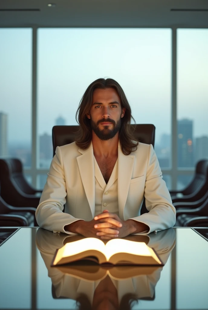 The image captures a unique scene where Jesus Christ, wearing an impeccable white suit, is sitting at the head of a conference table in a modern corporate environment. His suit contrasts with his sacred aura, uniting the divine with the mundane in a harmonious way. On the glass table, In front of him, an open Bible rests, radiating a subtle glow that symbolizes the light of wisdom and truth. The room is spacious and elegantly decorated, with leather chairs around the table and minimalist design touches, conveying a sense of order and professionalism.
Large windows allow natural light to flood the space, enveloping the figure of Jesus in a soft luminosity, almost heavenly. The background suggests a distant urban view, reinforcing the fusion of the spiritual with the everyday. Jesus' expression is serene and deeply reflective., as if about to share words of guidance and peace, addressing a council of attentive leaders or followers. The scene as a whole exudes an atmosphere of calm, moral authority and spiritual contemplation, highlighting Jesus as a guide in all spheres of life, including in the modern business world He is staring straight at the viewer of the image.