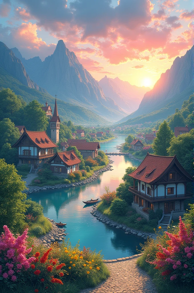 a small village by the river, mountains in the background, floral flowers colorful, detailed landscape, Beautiful natural landscapes, atmospheric lighting, scorching sunset, warm colours, practical, photopractical, Detailed Foliage, complex buildings, cobblestone street, Charming country house, swirly vibrant colors, lush vegetation, Still water reflections, Picturesque, idyllic, work of art, best qualityer, 8k, extremely detaild,anime styling