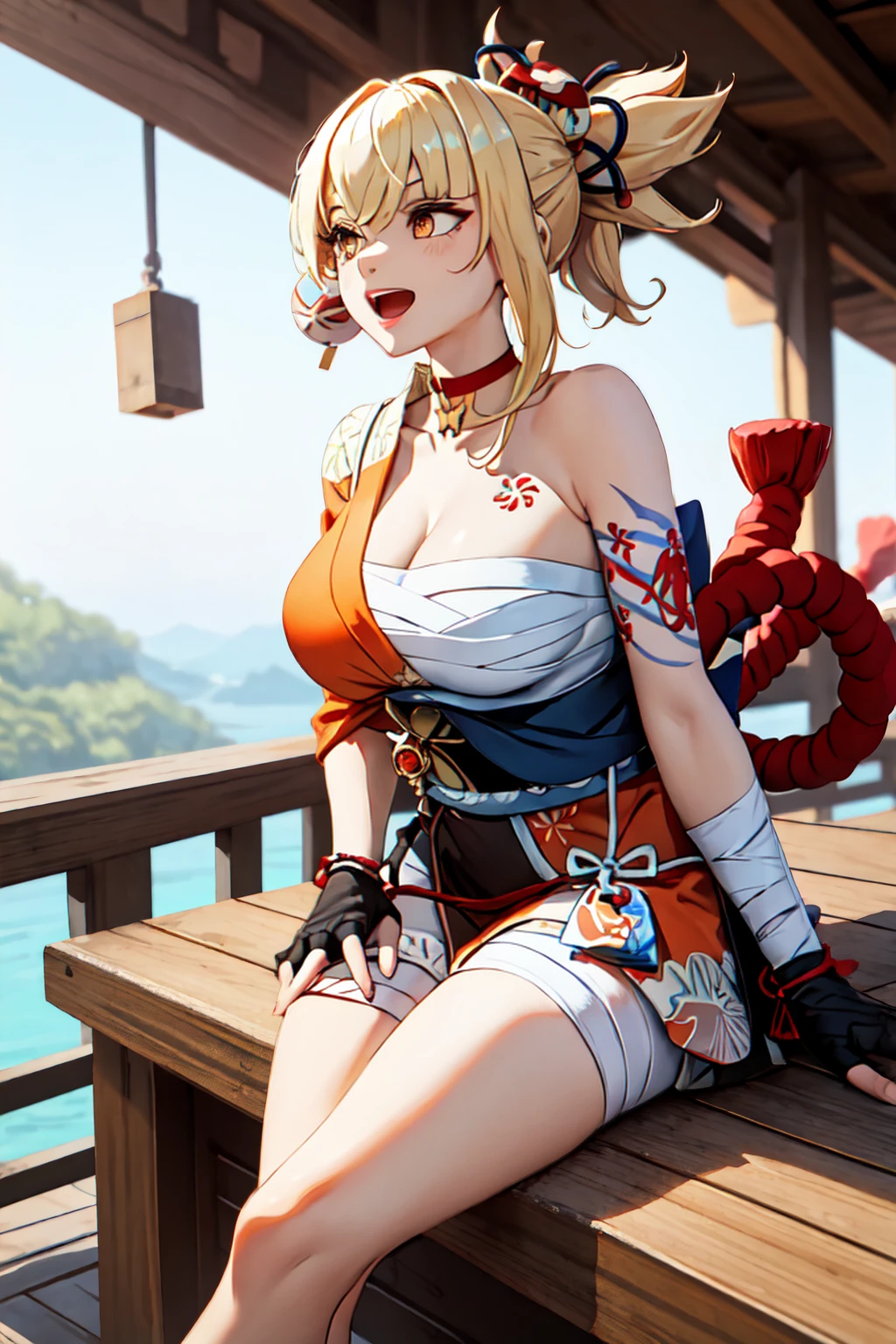 Masterpiece, masterful, high resolution, 1 female, Blonde hair, Medium hair, Asymmetrical hair, Floating hair, Blindfold, High ponytail, side locks, hair adornments, fish hair ornament, nipple tassels, Hairpin, bangs, orange eyes, Open mouth, Smile, teeth , Upper teeth only, choker necklace, red necklace, pendant choker, butterfly choker, clavicle, tattoo, chest tattoo, flower tattoo, cleavage, Huge chest, Thighs, bandages, bandaged leg, industry, Budget sarashi, Sarashi of the chest, black sash, Hadanugidosa, Hokisei, Japanese clothes, common, Wallet, obi, obiage, obijime, orange kimono, Wallet, patterned kimono, Cord, obi, shimenawa, Short kimono, bare shoulders, Genshin, east asian architecture, sakura, Single glove, Single fingerless gloves, arms cuffs, Sitting, Crossed legs,busty body,thick leg