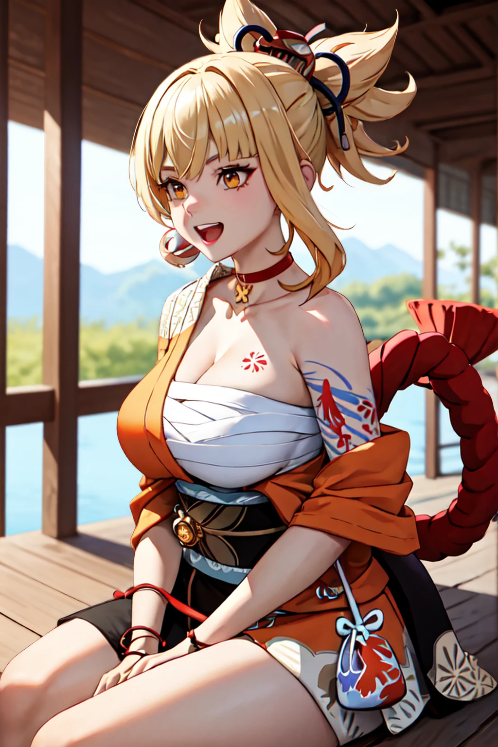 Masterpiece, masterful, high resolution, 1 female, Blonde hair, Medium hair, Asymmetrical hair, Floating hair, Blindfold, High ponytail, side locks, hair adornments, fish hair ornament, nipple tassels, Hairpin, bangs, orange eyes, Open mouth, Smile, teeth , Upper teeth only, choker necklace, red necklace, pendant choker, butterfly choker, clavicle, tattoo, chest tattoo, flower tattoo, cleavage, Huge chest, Thighs, bandages, bandaged leg, industry, Budget sarashi, Sarashi of the chest, black sash, Hadanugidosa, Hokisei, Japanese clothes, common, Wallet, obi, obiage, obijime, orange kimono, Wallet, patterned kimono, Cord, obi, shimenawa, Short kimono, bare shoulders​, Genshin, east asian architecture, sakura, Single glove, Single fingerless gloves, arms  cuffs, Sitting, Crossed legs,busty body，thick leg