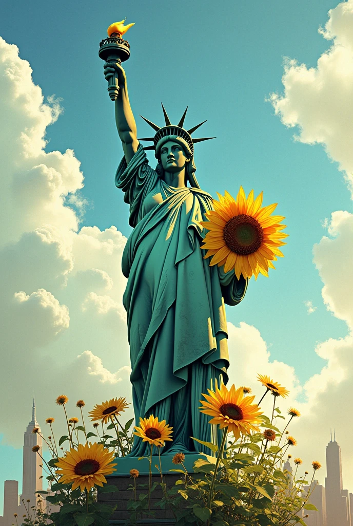 Create a rough sketch of the Statue of Liberty holding a sunflower

