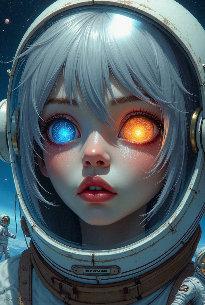 (Close-up of a better masterpiece:1.5)0.9], (Space and astronauts:1.2) (Messy silver hair:1.1) (Heterochromia xanthochromia and blue eyes:1.2) (Space Helmet:1.0) (Colored stars in the eyes:1.0) (A radiant glow:1.1) (thick lips:0.9)