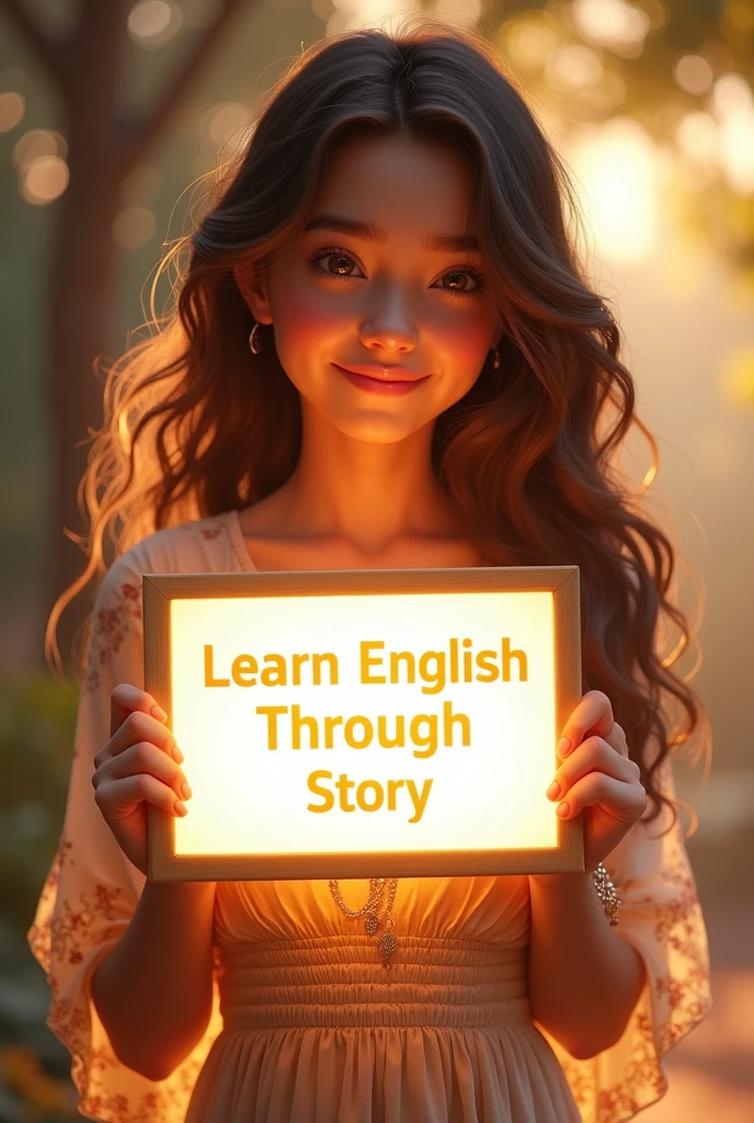 Beautiful girl with heart-warming smile and wavy long hair, bohemian dress, holding a white board with text "learn English Through Story" and showing it to the viewer, the board is glowing with a the text.