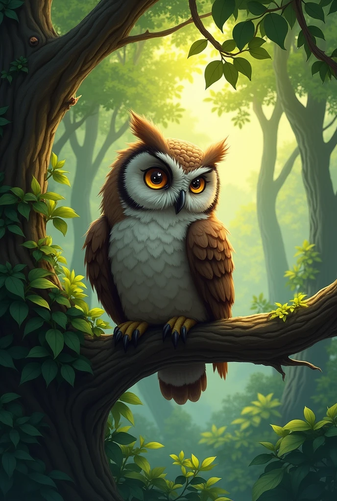 A wise old owl named Oliver perched on a tree branch in a lush green forest, with soft light filtering through the leaves."
