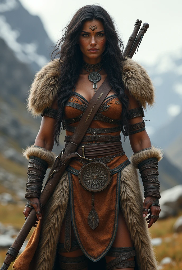 Xena girl, with weapons and armour, fur clothing, tanned skin.