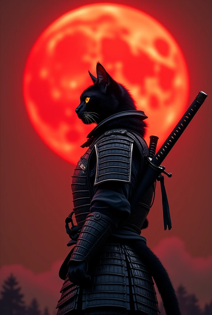 The image features a humanoid black cat with orange cat eyes in a black and red samurai warrior's attire, standing against a backdrop of a large red moon the sky is glowing a dark red glow from the reflection of the moon light. The cat is positioned to the left side of the frame, facing right with its head slightly tilted upwards. It is wearing a detailed armor that resembles traditional samurai armor, complete with intricate designs and patterns. The armor is primarily black with silver accents, adding to the visual depth. The cat's ears are perked up, and its eyes are focused on something in the distance. A sword is sheathed on the cat's back, suggesting readiness for battle or a ceremonial stance. The red moon in the background casts an orange hue over the scene, creating a dramatic and intense atmosphere, retina, accurate, masterpiece, super detail, high details, best quality, award winning, highres, HD, 4K, 8k, 16k, retina, accurate, masterpiece, anatomically correct, textured skin, super detail, high quality, award winning, highres, 8k, 16k