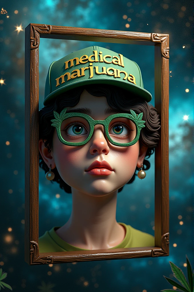 draw a 3D rectangle containing the face of a person wearing cool glasses shaped like marijuana, wearing a hat that says medical marijuana with a beautiful outer space background