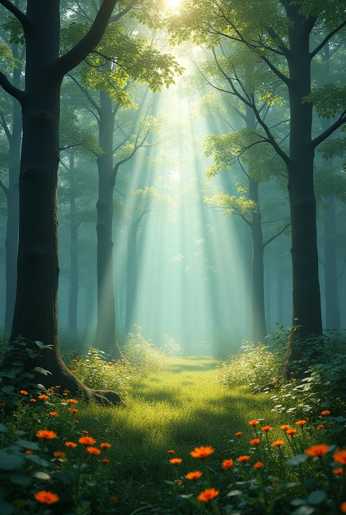 Scene conceptual design Tyndall Effect forest Mew vitality flowers and plants