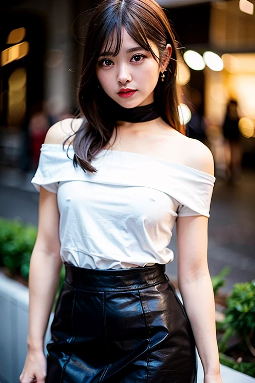 Highest quality, Ultra-high resolution, (Realistic:1.4), One girl, off-the-shoulder white shirt, Black tight skirt, Black choker, (Faded grey hair:1), View your viewers, close ,