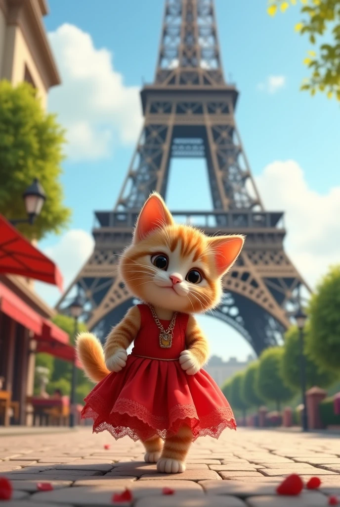 Now  cat with red dress walking in front of effiel tower